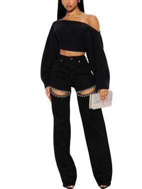 Black Shark Bite Rhinestone Wide Leg Stretch Black Jeans Size L